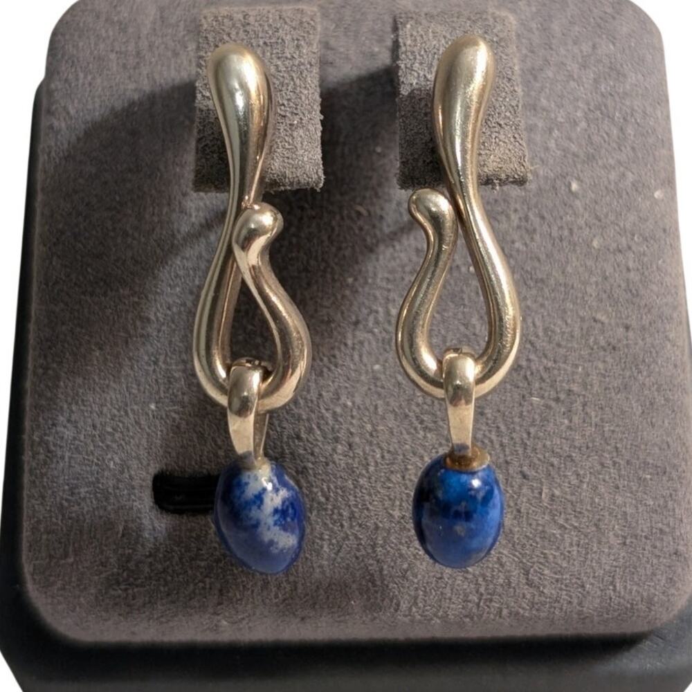 Vintage Signed AC Studio Thailand Sterling Silver Lapis Lazuli Dangle Earrings